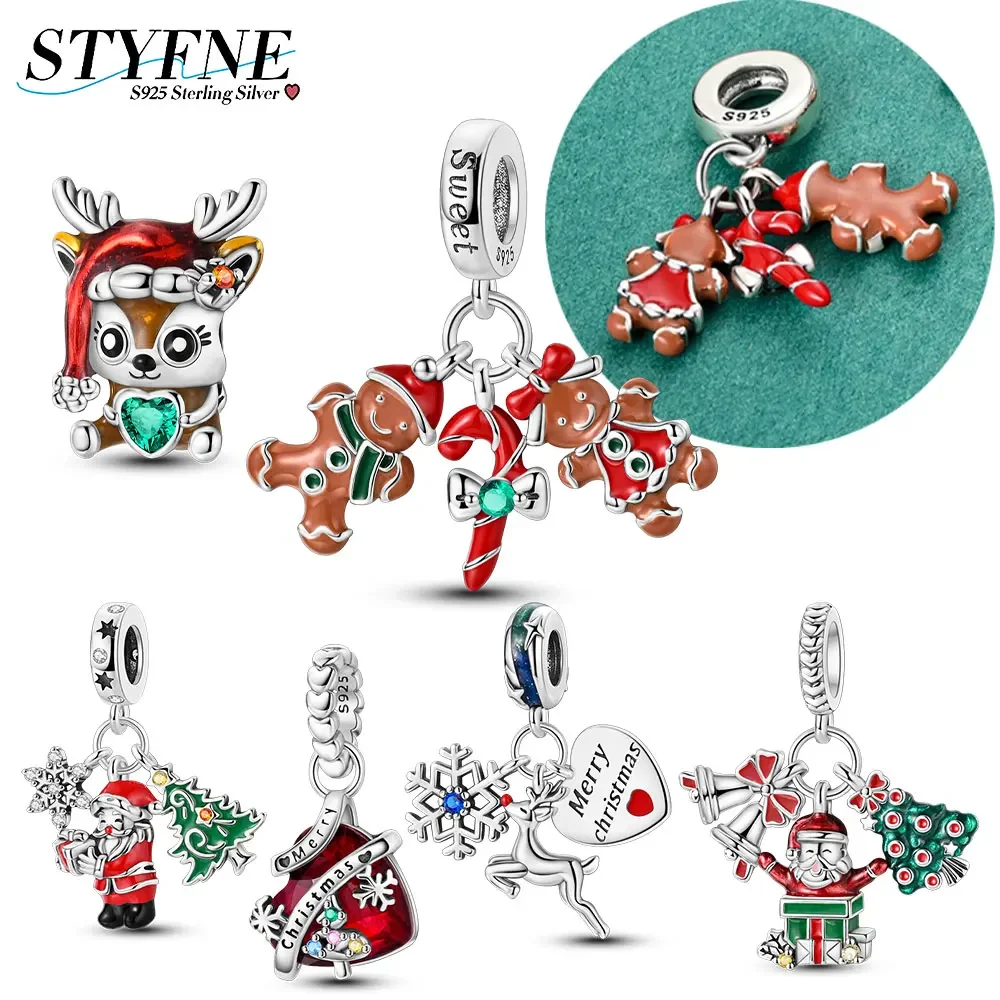 

Sterling 925 Silver Bell Santa Claus Elk Message Card Beaded Charm Fit Original Bracelet Diy Jewelry Women's Gift