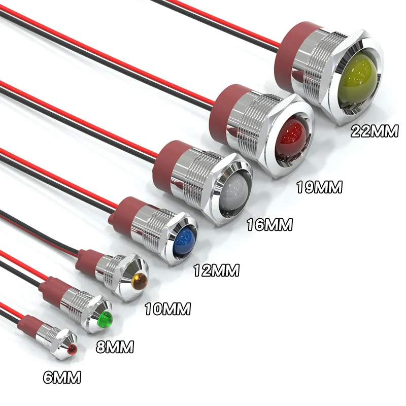 6/8/10/12/16/19/22mm Metal LED Indicator Light With Wire Dome Large Bead Power Signal Lamp Red Green Yellow Blue White 6V24V110V