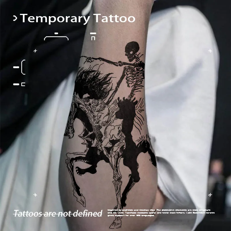Herbal Juice Semi-Permanent Tattoo Sticker Skeleton Knight on Horse Waterproof Temporary Tattoos Fake Tattoo for Arm Body Art