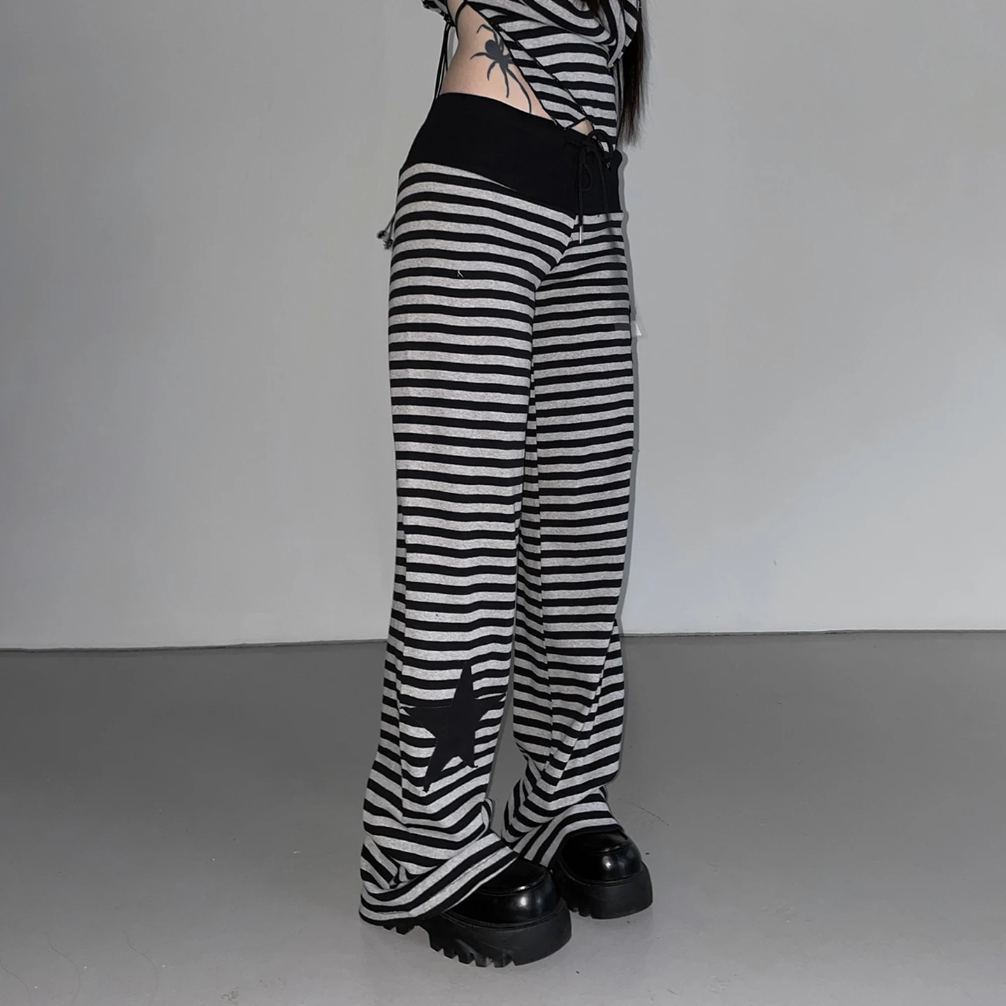 SUCHCUTE  Y2K Women Striped Flare Sweatpants Contrast Drawstring Patchwork Low Rise Wide Leg Pants Gothic Streetwear Trousers