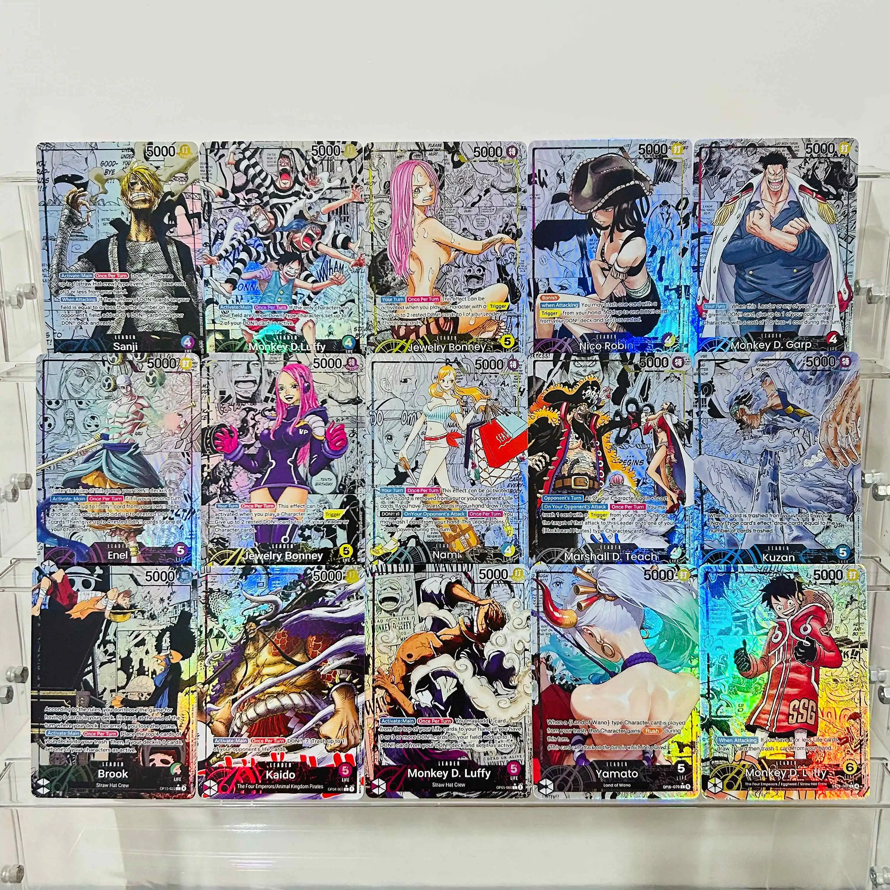 One Piece Luffy Bonney Robin Garp Enel Nami Teach Kuzan Brook Yamato 15 Stück Folien-Textur DIY-Karten Premium Anime-Sammelkarten