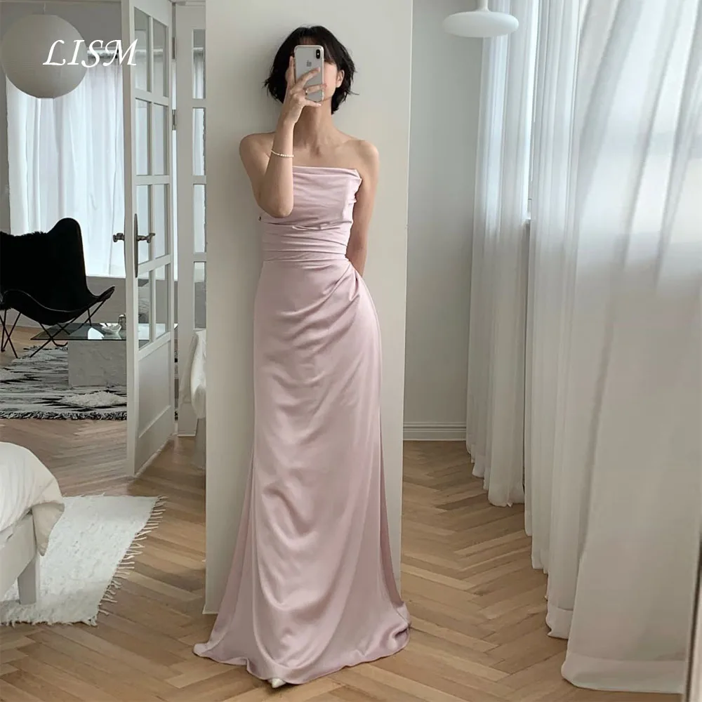 

LISM Strapless A-Line Korea Evening Dresses Silk Satin Photo Shoot Customized Floor Length Elegant Sweet Prom Gowns 저녁 드레스
