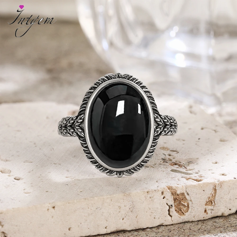 

Винтажное кольцо из стерлингового серебра 925 пробы с черным ониксом, овальное кольцо 10*14 мм, большое кольцо из натурального камня, ювелирные украшения для женщин и мужчин