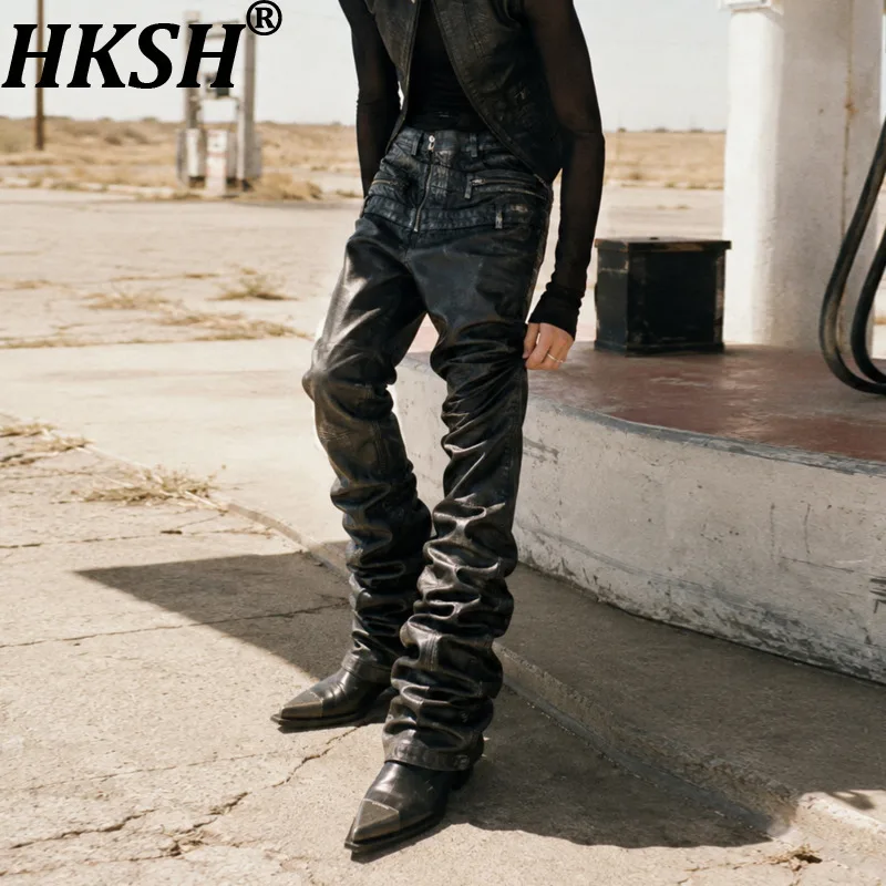HKSH Spring Autumn New Men Tide Chic Ins Dark Punk Coated Jeans Hand-painted Waxed Denim Pants Niche Design Stacked Y2K HK28347