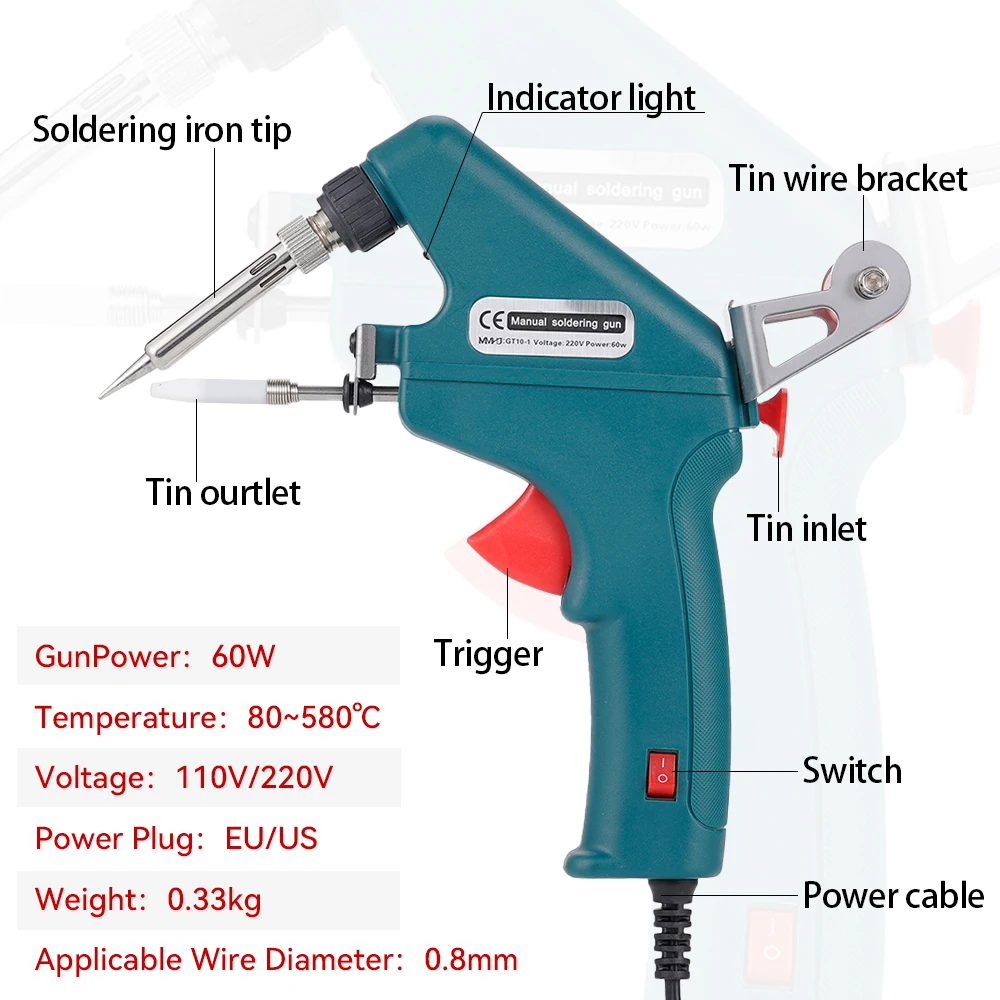 Green Soldering Iron 60W Eagle Beak Heat Absorbing Handheld Gun 0.8mm 50G Wire Heating Home Repair Internal Tools Hand Spot Tin