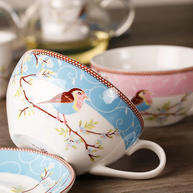 Y42A- إبريق شاي بالأعشاب المزهرة كوب الطيور الصحن طقم أوعية زجاجية مقاومة للحرارة فنجان القهوة طقم شاي بعد الظهر