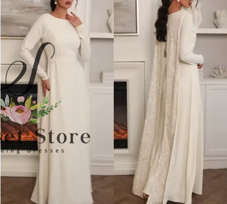 

Customized High Quality O-neck Beaded Floor Length Full Sleeves White Belt Evening Dresses A-line Gece Elbisesi Düğün فسات