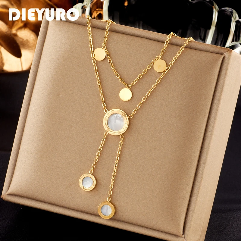 DIEYURO 316L Stainless Steel Round Roman Numeral Dial Long Pendant Necklace For Women Fashion Girls Clavicle Chain Jewelry Gifts