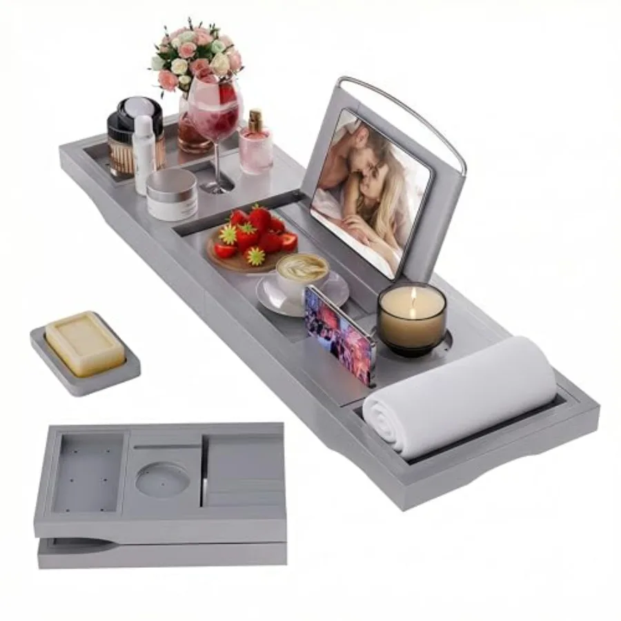 

Foldable Bathtub Caddy Tray, Bamboo Bath Tub Tray Table for Tub with Wine Glass Holder Book Phone Tablet Holder with Extending