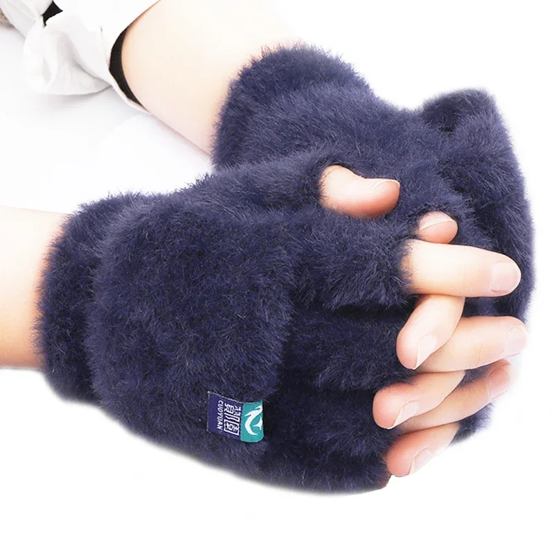 Plush Fingerless Flip ถุงมือฤดูหนาวที่อบอุ่นนักเรียนหญิงสาวน่ารักสไตล์ Faux Fur หนาถุงมือ Warm Mitten ถุงมือทํางาน Half Finger