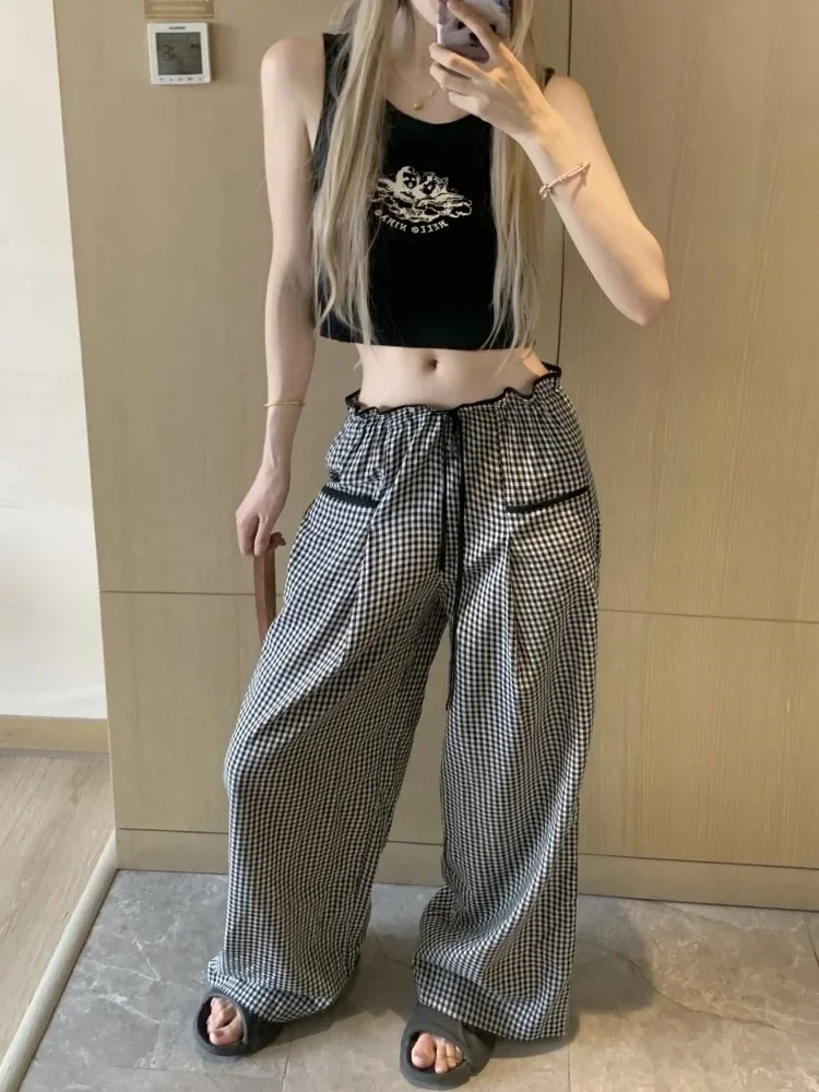 HOUZHOU Sweet Black Women Plaid Pants Coquette Japanese Style Cute Wide Leg Trousers Harajuku Kawaii Palazzo Pants Vintage Y2k