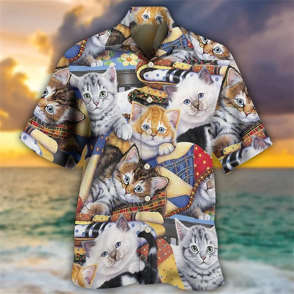 Hawaiian Shirt For Men 3d Music Cat Print Beach Party Sweatshirt Street Designer Short Sleeved Shirt High Quality Men\'s Clothing