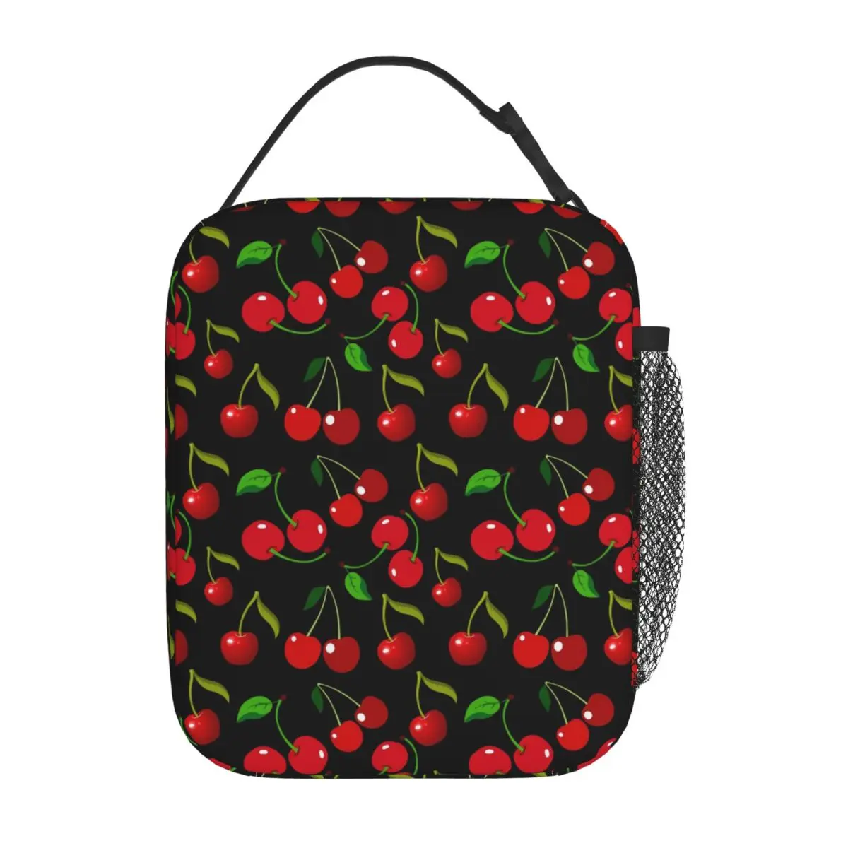 Red Cherries Print Lunch Bag Green Leaves Outdoor Picnic Lunch Box For Men Graphic Design Tote Food Bags Portable Cooler Bag