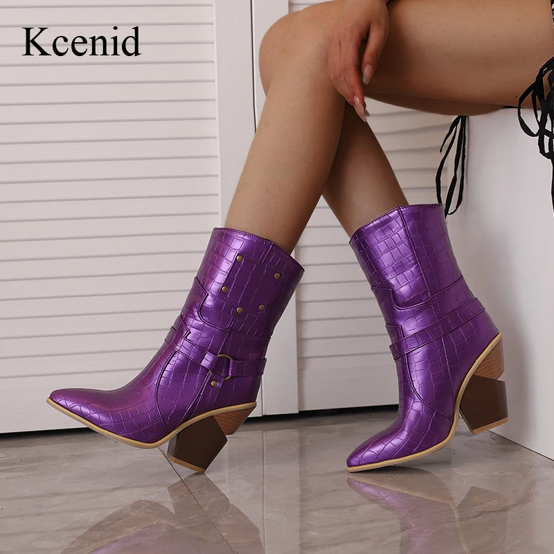 

Kcenid Autumn Winter New Ladies Pointed Toe Cowboy Boots Fashion Denim Chunky High Heels women's Boots Party Sexy Woman Shoes