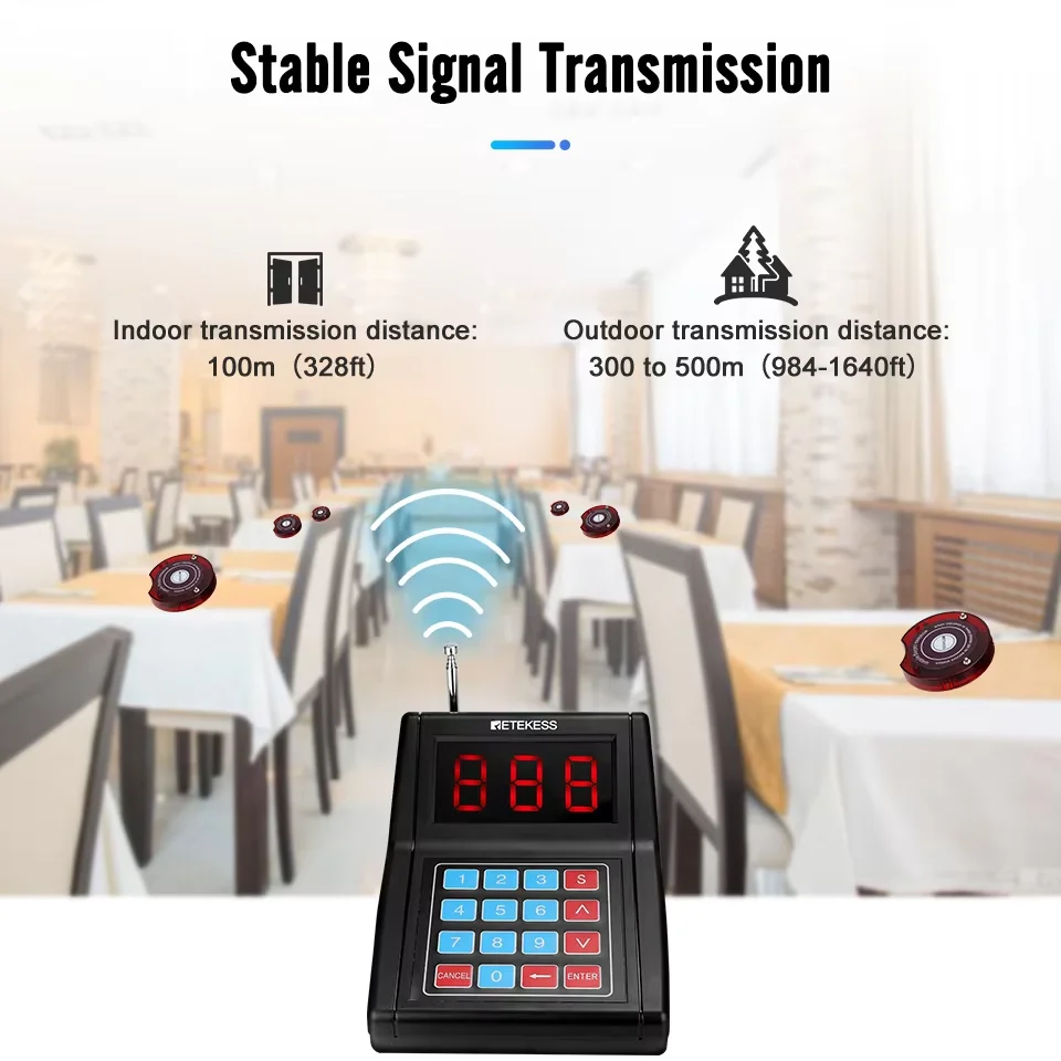 Retekess TD165 ร้านอาหาร Pager Wireless Calling System 2 คีย์บอร์ด 30 Coaster Buzzer Bell สําหรับ Cafe อาหาร Court Bar โรงแรม