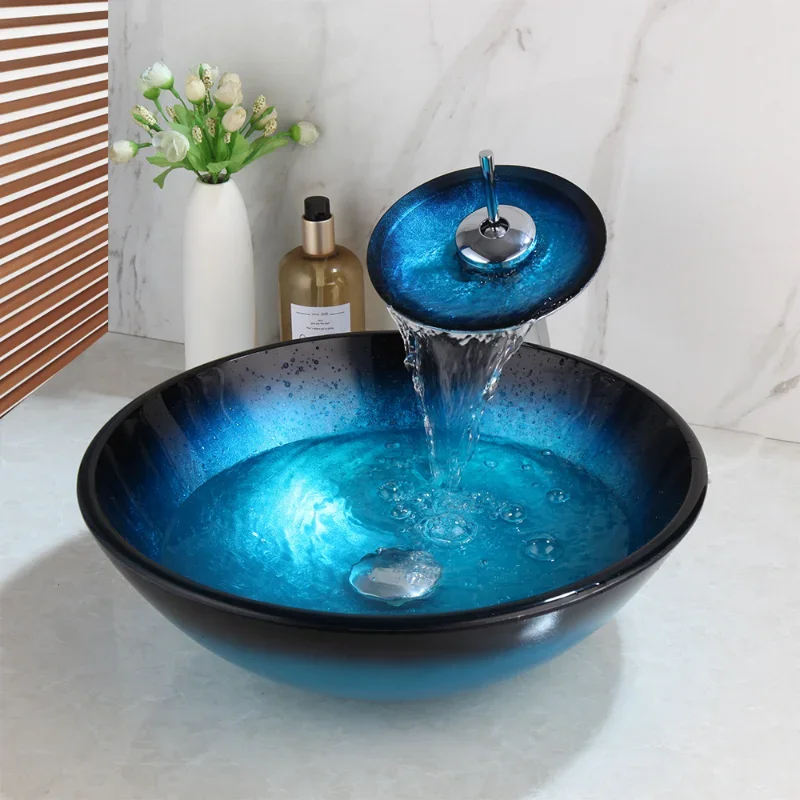 Hand Painted Blue Tempered Glass Basin Sink Washbasin Faucet Set Bathroom Counter top Washroom Vessel Vanity Sink Mixer