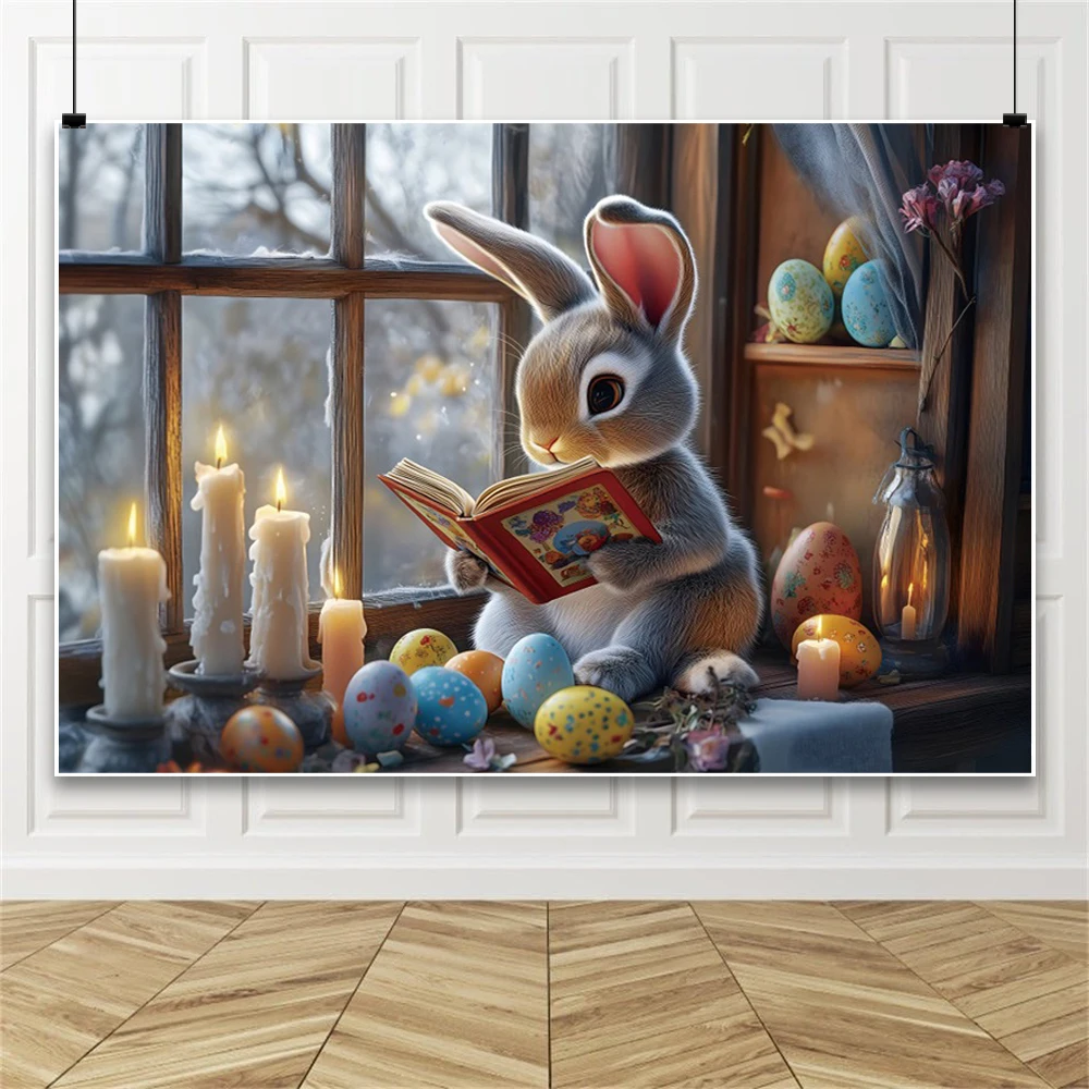 عيد الفصح التصوير خلفية البيض الملونة الكرتون الأرنب الفرنسية نافذة زهرة شمعة كتاب الأرواح حفلة خلفية استوديو الصور