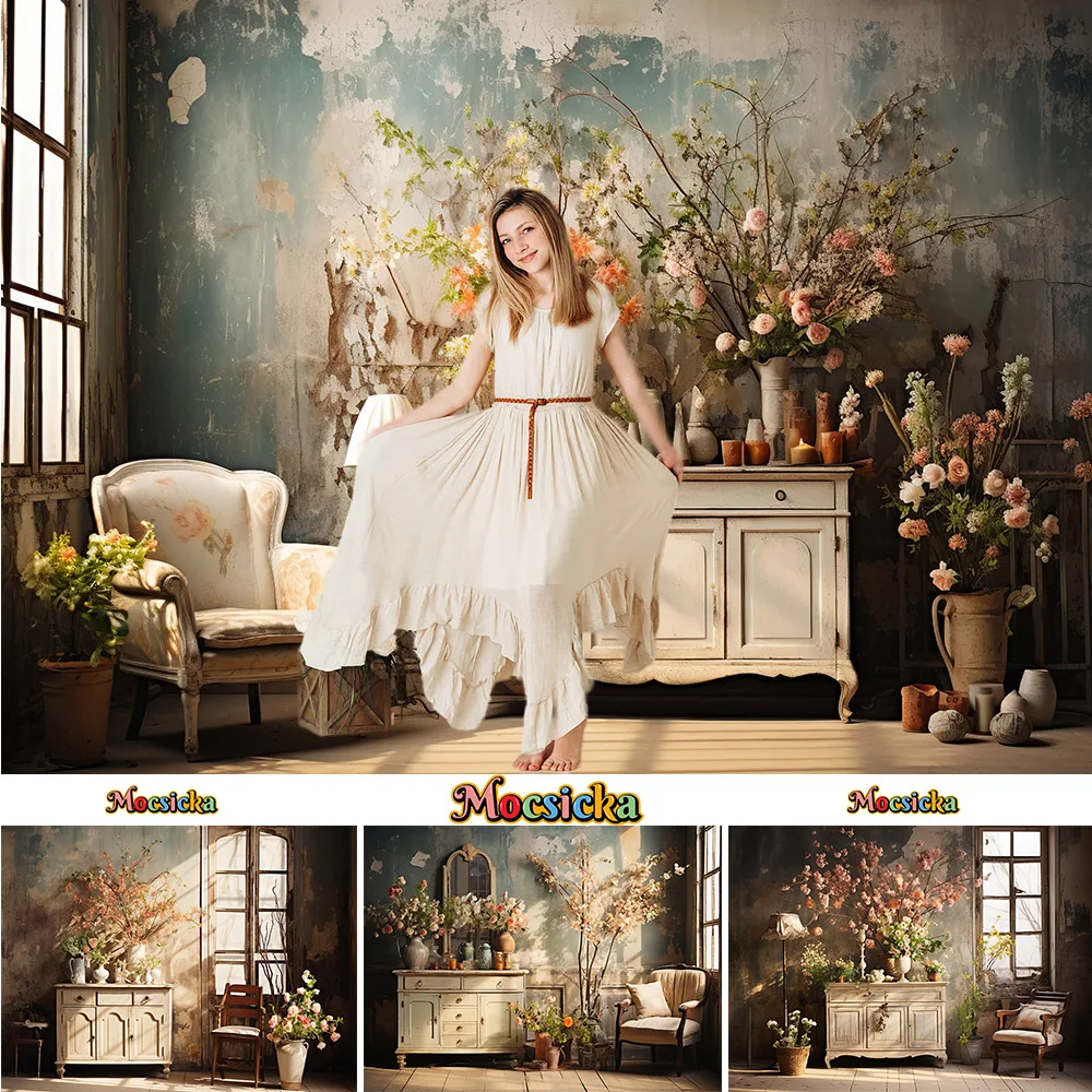 Fotografie Hintergrund Studio Familie Foto Innenraum Tapete Hintergrund Retro beschädigte Wand Fenster Schrank Blume Dekor Requisiten