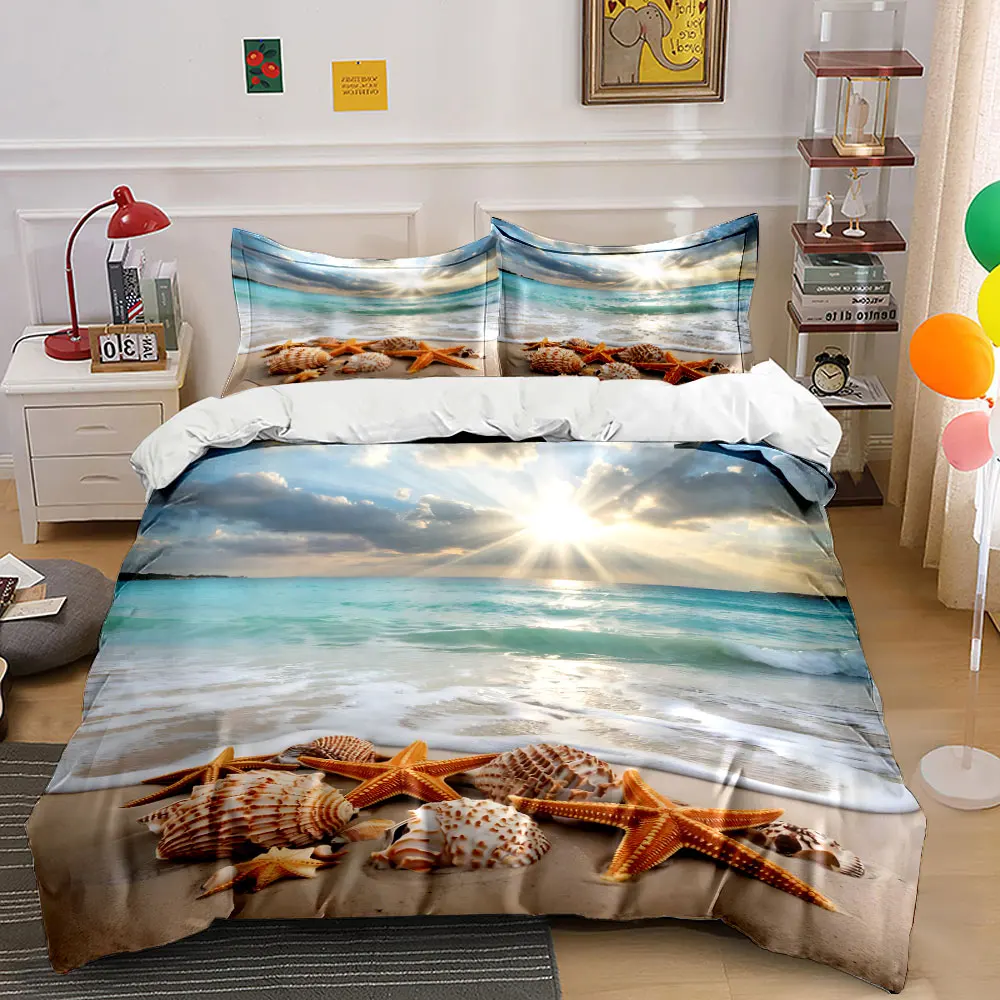 Bedrucktes Bettbezug-Set mit Strandsonnenschein und Muschel-Serenität, 1 Bettbezug + 2 Kissenbezüge, Bettwäsche-Dekor für Schlafzimmer in verschiedenen Größen