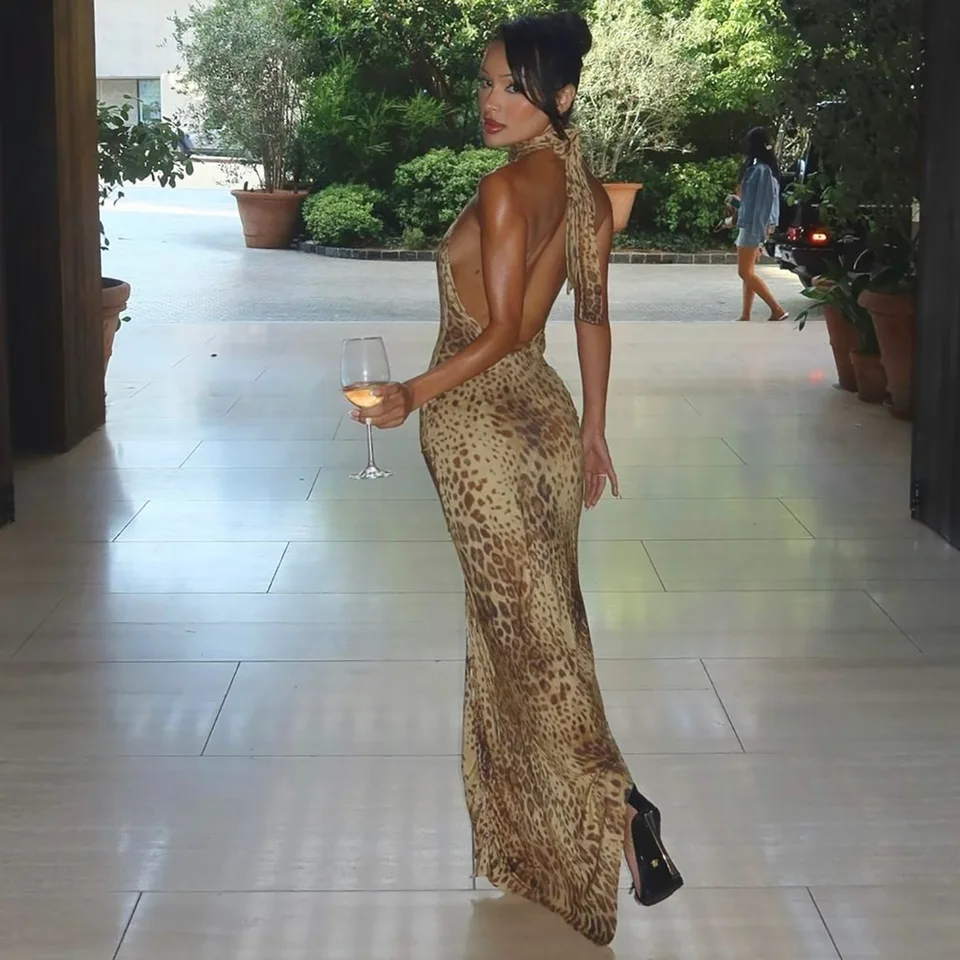 Vestido Maxi de Leopardo con Espalda Descubierta y Halter para Mujer, Outfit de Club, Largo con Vendas y Adornos 4