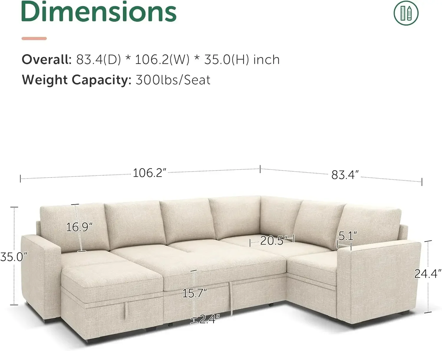 Modular Sectional Sleeper Sofa with Pull Out Bed, U Shaped Sectional Couch with Storage Ottoman Convertible 7-Seater Sofa, Beige