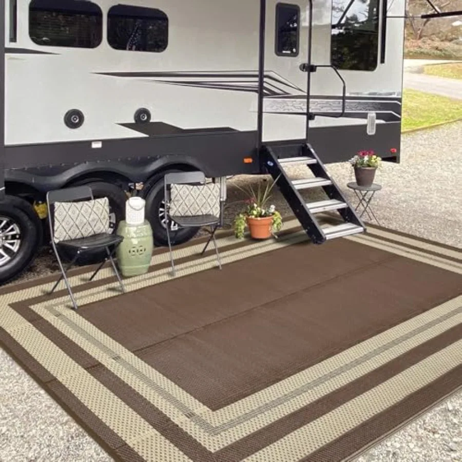 

Outdoor Rug 10x14 for Patio Porch Backyard Pool Deck Picnic Beach Trailer Plastic Straw, Brown/Beige, Waterproof Easy-Clean Rev