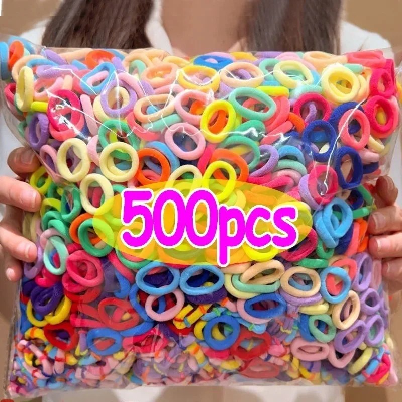 100/500pcs Colorful Basic Nylon Ealstic Hair Ties for Girls Ponytail Hold Scrunchie Rubber Band Kid Fashion Hair Accessories