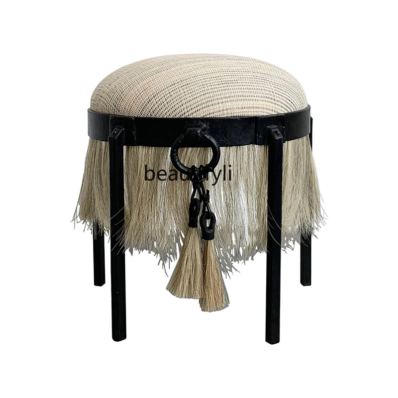 Italian Retro Fabric round Stool Designer Model Horse Hair Tassel Mid-Ancient Chic Style Makeup Stool Bedroom Living Room Shoes