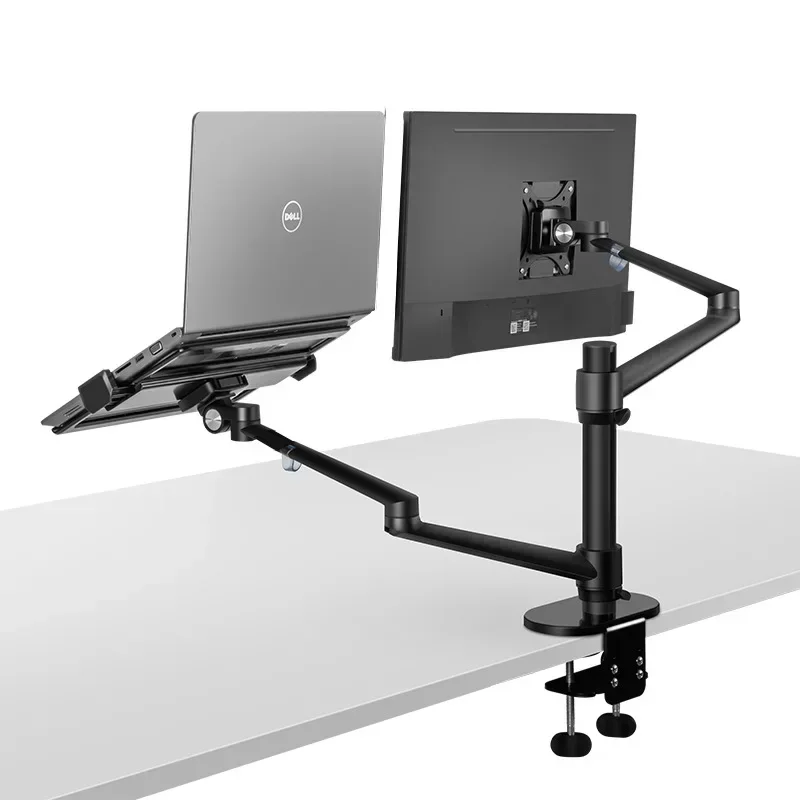 Omni-adjustable desktop mount with pole: aluminum alloy stand for laptops (12–17 inches) and monitors (up to 32 inches).