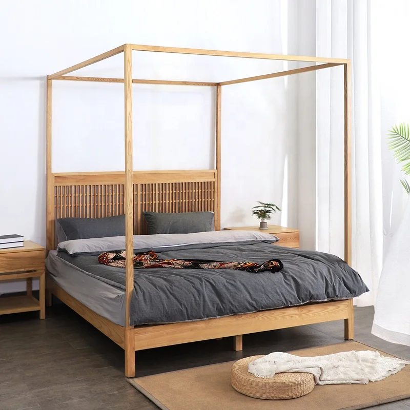With Wooden Panel Platform Canopy Durable Elm Wood Bed//Modern New Chinese Style Solid Wood Four Pillar Bed Frame
