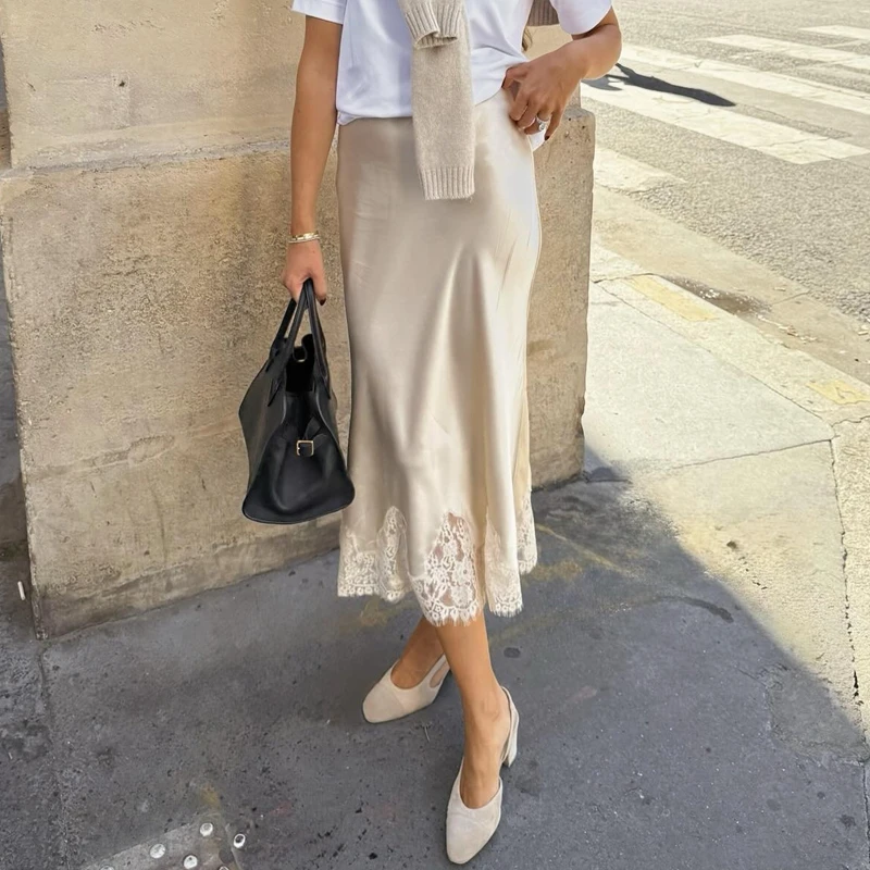 Damen-Maxiröcke aus Satin mit floralem Spitzenbesatz, elegante modische Dame, seidiger, fließender A-Linien-Rock, Y2k, zum Ausgehen, halber Slip, lange Röcke