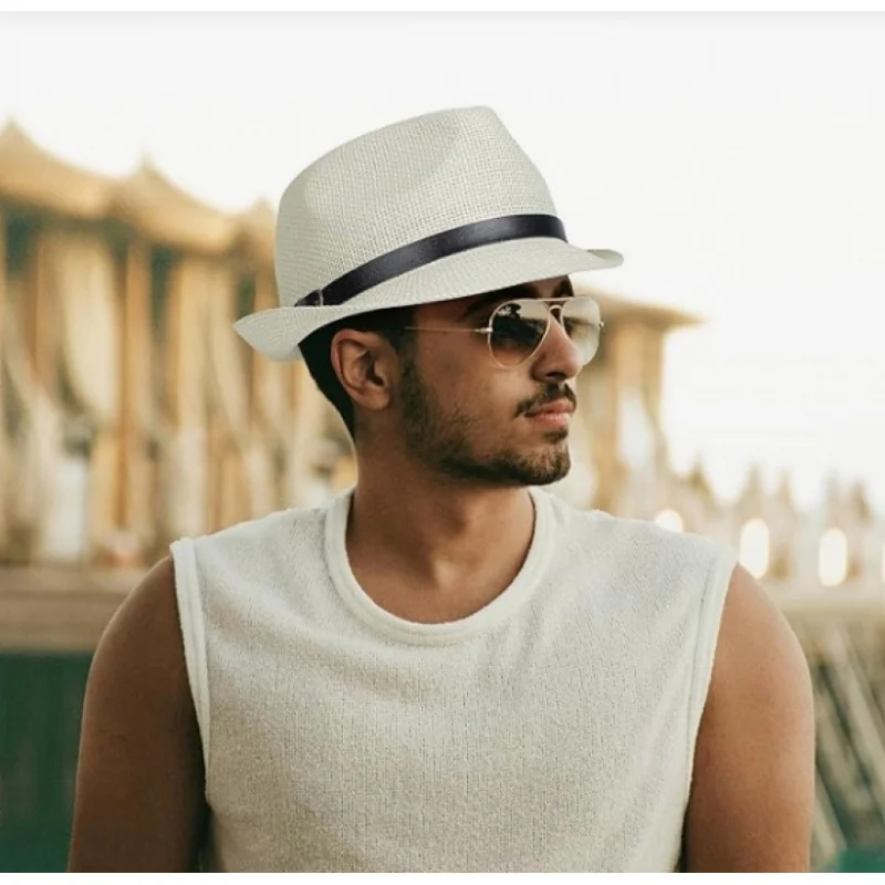 

Panama Straw Hat Men Women Short Brim Summer Beach Sun Hat with Band Performance Party Headwear