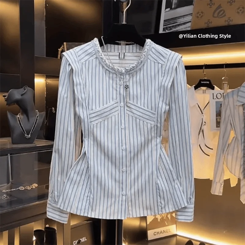 Slim Fit rayas irt mujer largo Sve plisado diseño de cintura Faionable otoño nuevo cuello Sle longitud Regular irt