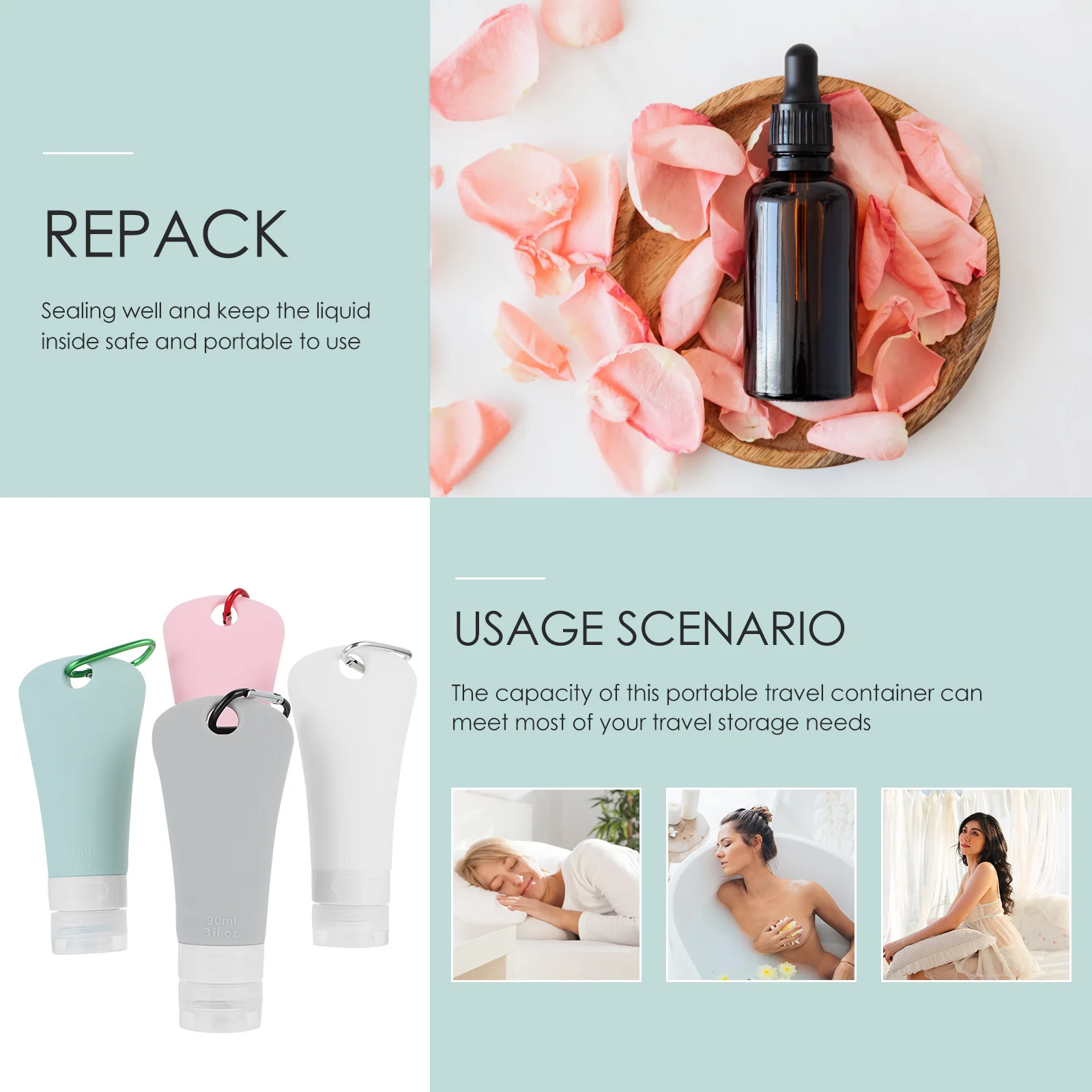 4 Sets Silicone Travel Bottles Portable Leakproof Liquid Dispenser Refillable Container Hanging Hook for Shampoo Lotion