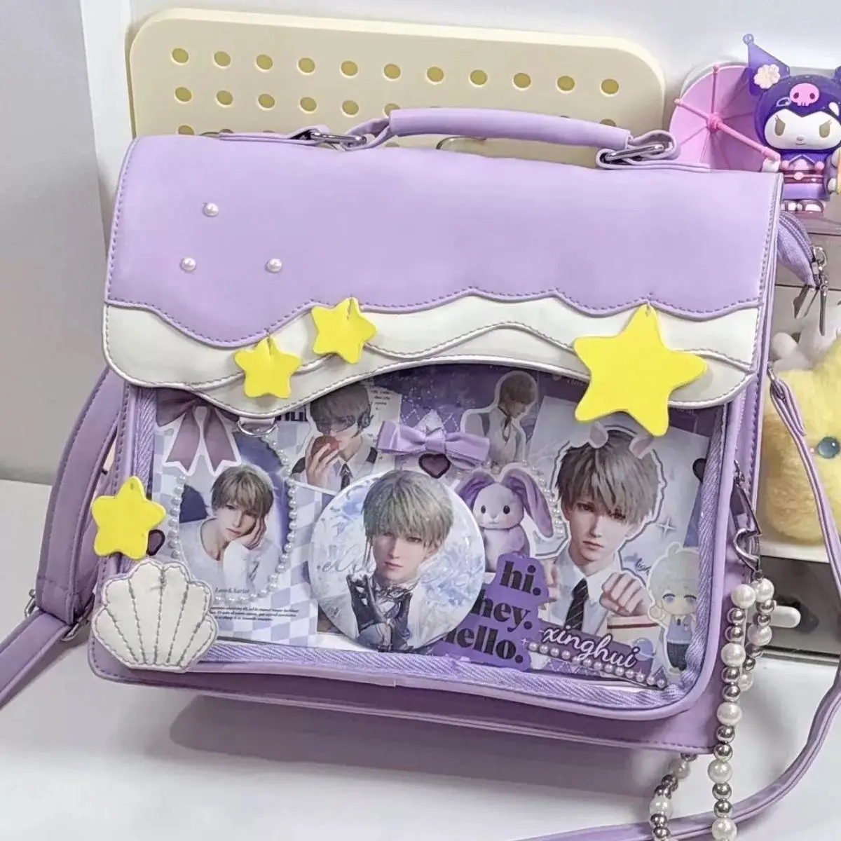 JIAERDI Sweet Cute Star Shell Backpack Women Anime Badge Large Capacity Badge Ita Bag Ladies Harajuku Kawaii Pearl Chain Daypack