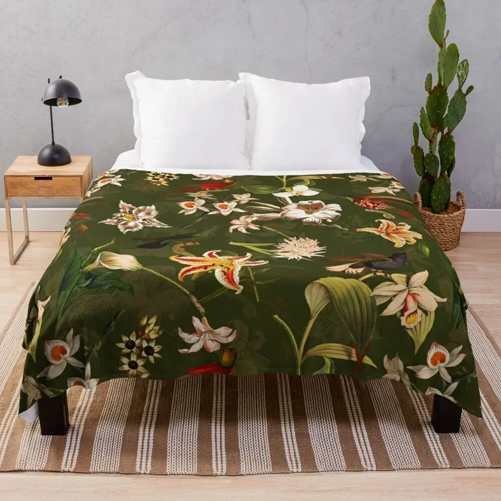 

Pierre Joseph Redoute vintage flowers and hummingbirds nostalgic seamless safari green pattern Throw Blanket decorative Blankets