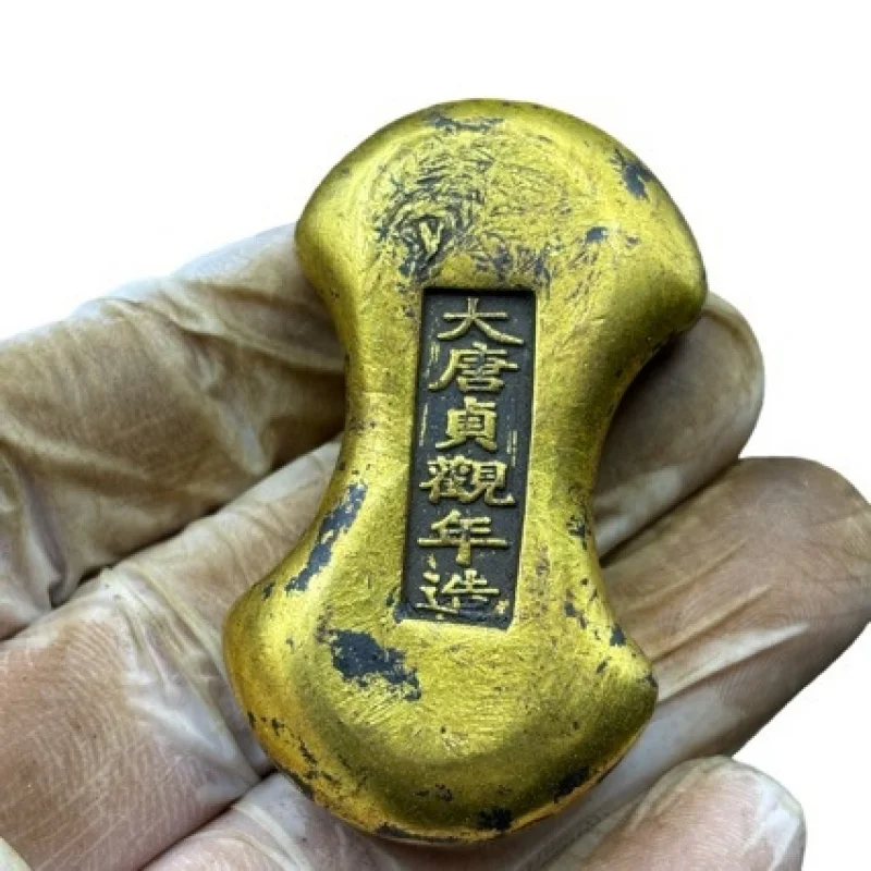 Solid cast brass bar, gold ingot made during Zhenguan Era of the Tang Dynasty, home decoration