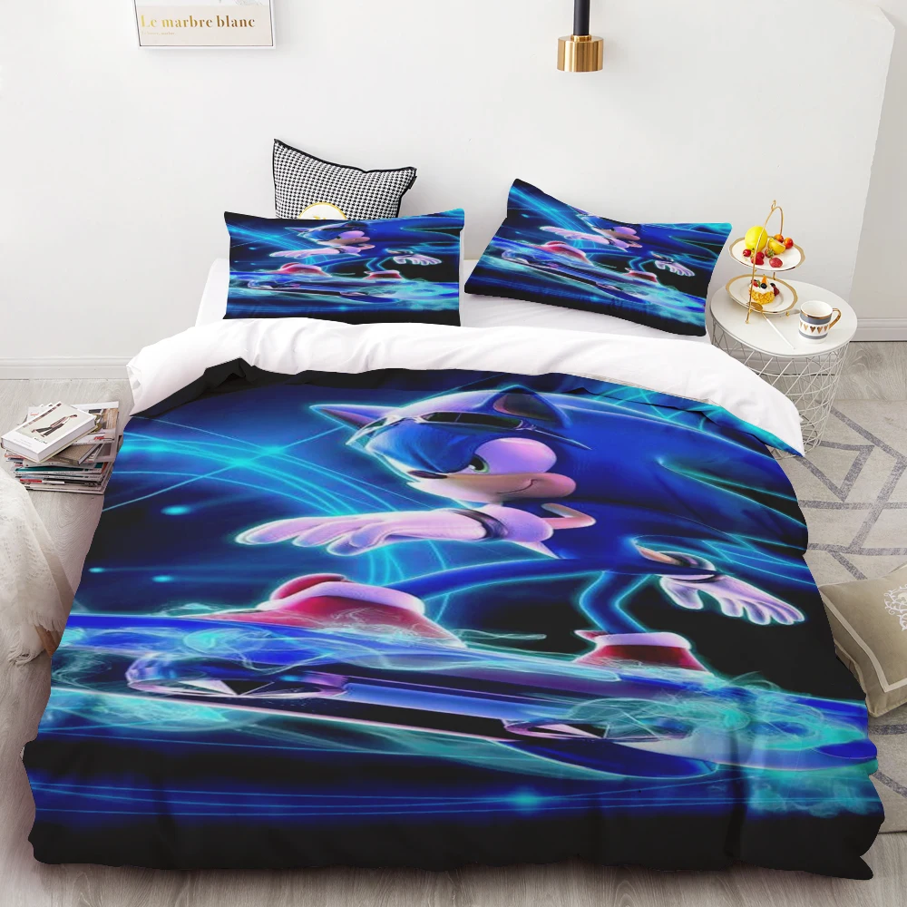 

Комплект постельного белья с мультяшным принтом Соник Хеджхог: пододеяльник, наволочки, простыня (3 предмета), подарки Соник, размеры Queen и King