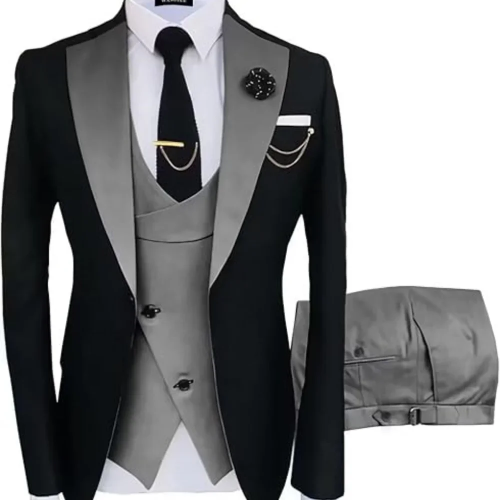 

Gray Suits Slim Fit 3 Piece Italian Gentleman Style Suit Men Wedding Prom Party Business(Blazer+Vest+Pants)