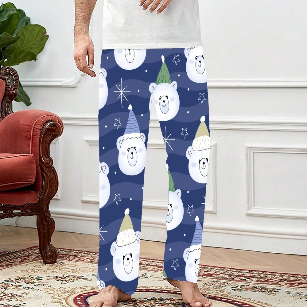 Unisex Polar Bears Pattern pijama calças, lounge calças, fundos com bolsos, cordão, bonito, super macio, sono, homens, mulheres