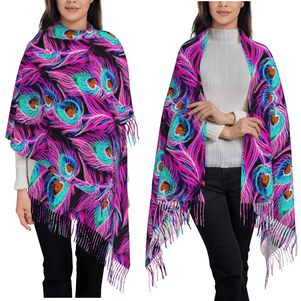 قوس قزح الطاووس ريشة سلس نمط وشاح شرابة الأوشحة للنساء شالات دافئة لينة ويلتف كبير الخريف الشتاء شال التفاف