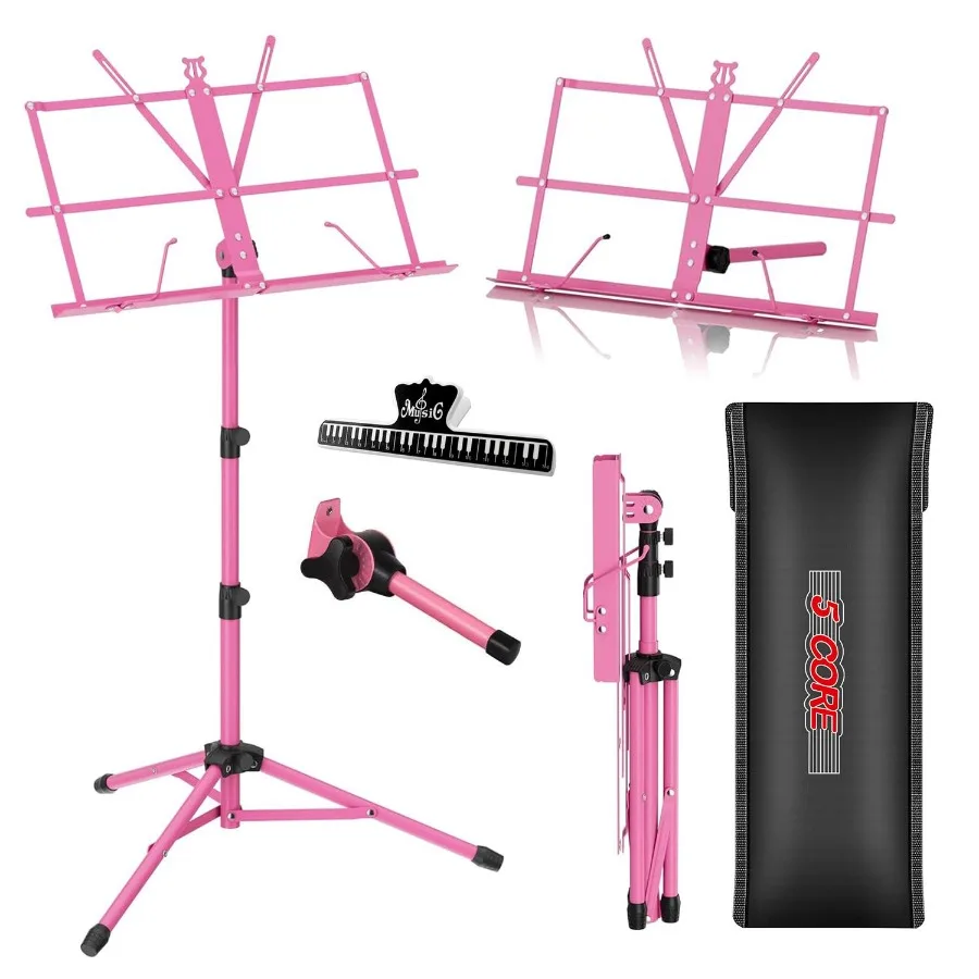 

5 Core Music Stand 2 in 1 DualUse Adjustable Folding Sheet Stand Pink Metal Build Portable Sheet Holder Carrying Bag Music Clip