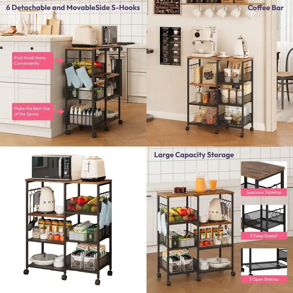 

4-уровневая передвижная кухонная тележка-остров с местом для хранения, съемными крючками и фиксирующимися колесами, отделка цвета эспрессо