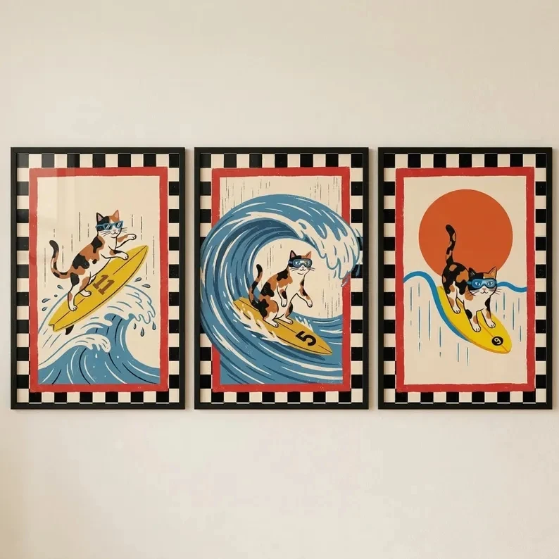 3pcs Retro Japanese Wave Cat SurfingWall Art Print Canvas Painting Poster Picture For Living Room,Bedroom Home Decor