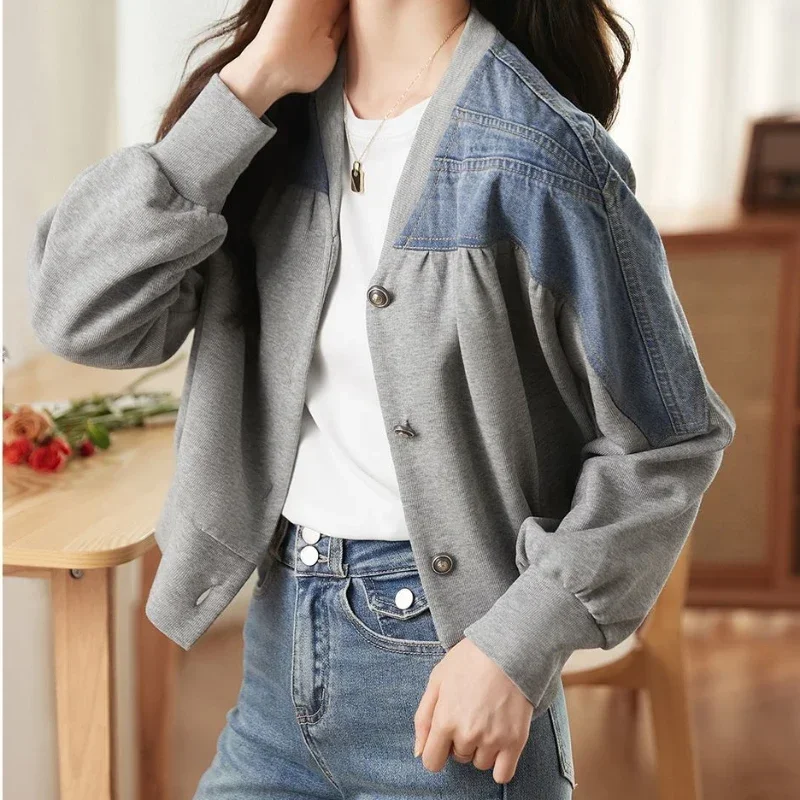 Short Grey Bomber Crop Outerwears Women\'s Denim Jackets Spring Autumn Patchwork Small Female Jeans Coat Deals Streetwear on Sale