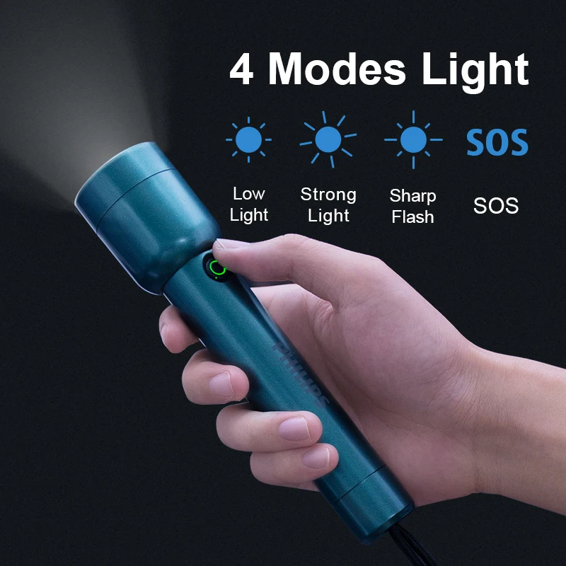 Philips USB C Rechargeable Flashlight 4 Lighting Modes Flashlights Outdoor Self Defense Camping Lights Powerful LED Flashlight