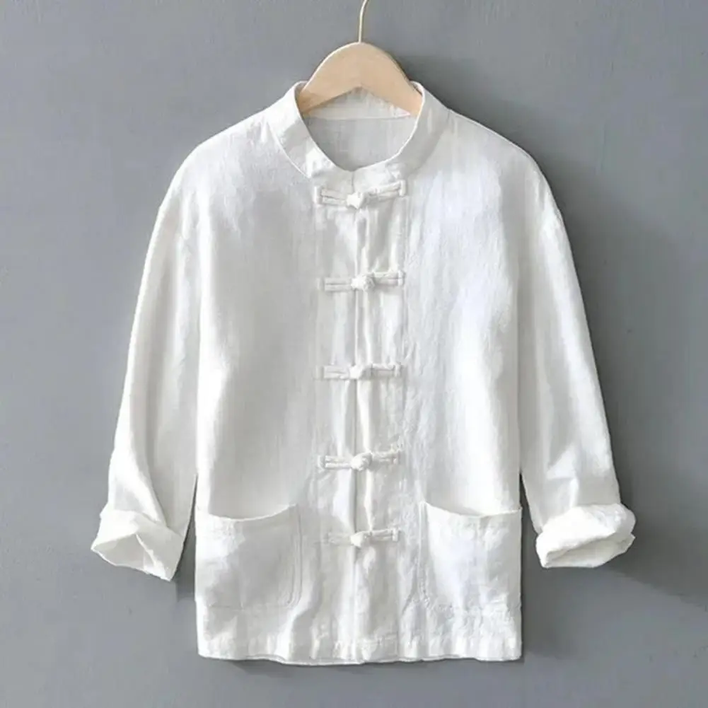 Button-up Long-sleeved Shirt Chinese Style Men's Stand Collar Cardigan Top with Knot Button Detail Traditional Hanfu for Mid