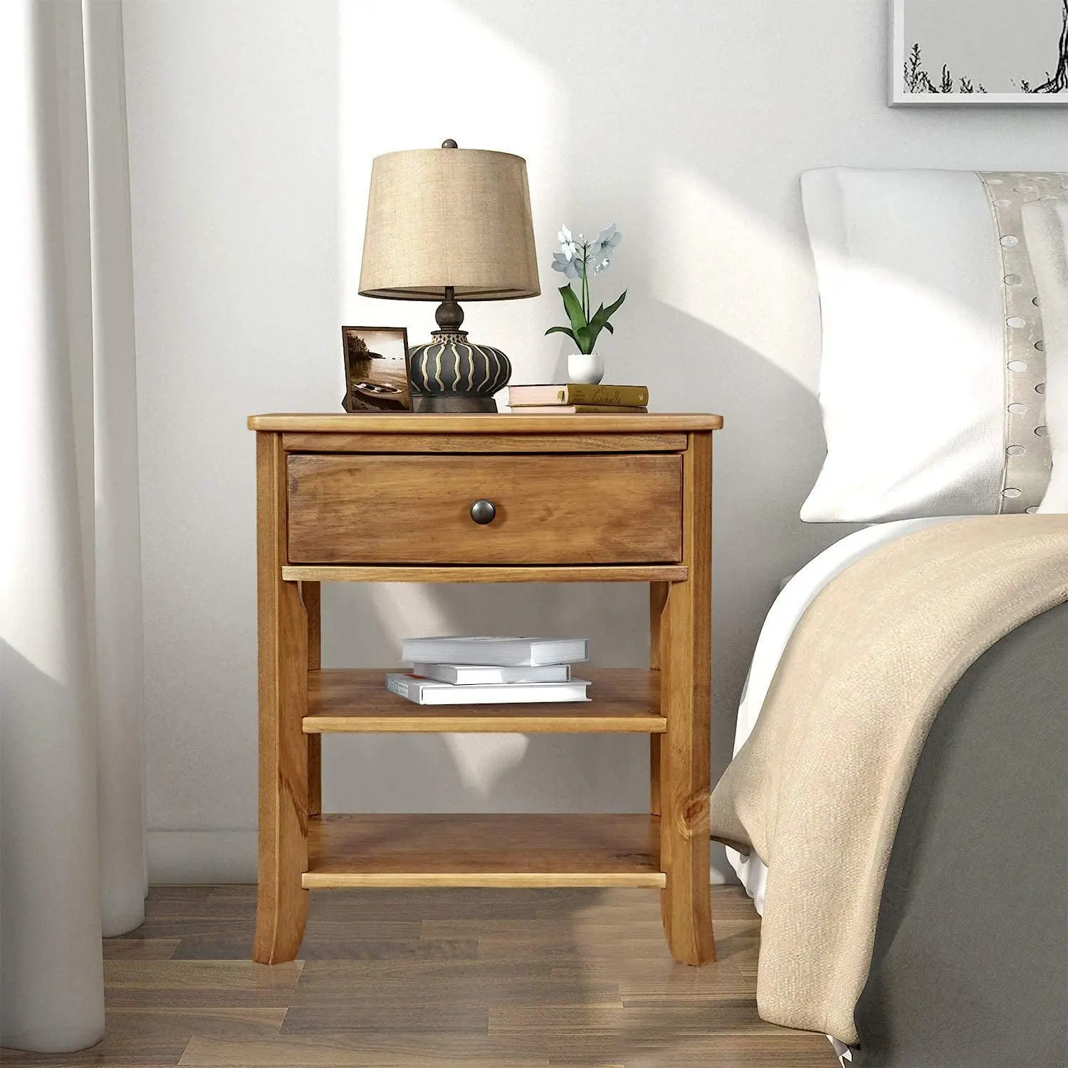

Country style solid wood triple bedside table with storage rack and drawers for bedroom or living room