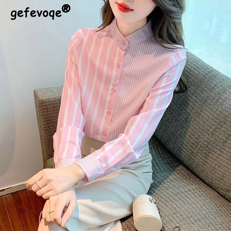 Women Korean Fashion Striped Print Button Up Shirt Elegant Sweet Stand Collar Blouse Casual Long Sleeve Tops 2024 Spring Blusas