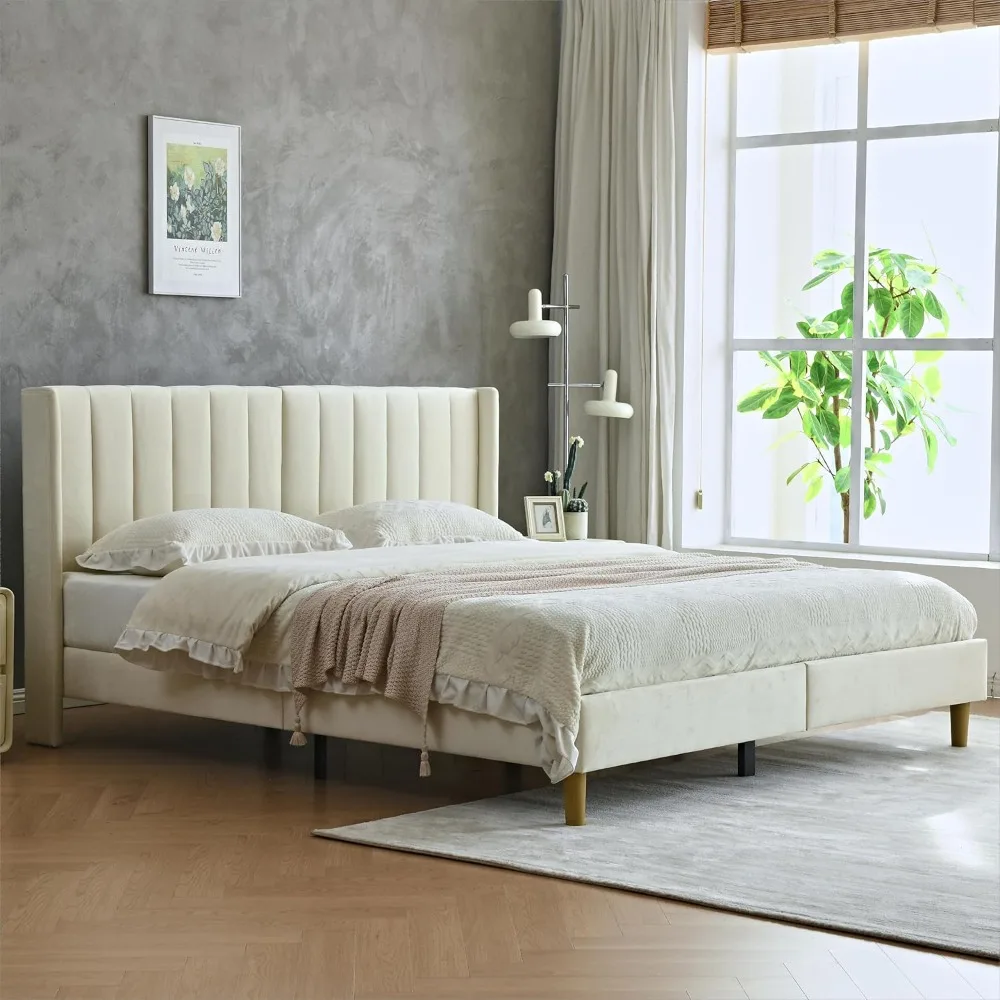 

upholstered platform bed frame/twin bed frame/modern geometric double-wing design headboard/easy to assemble no noise